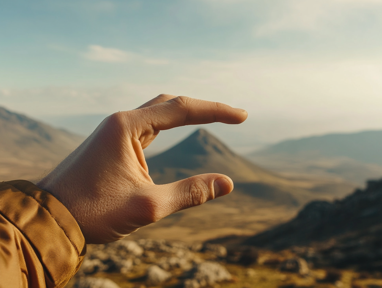 image of a mountain in the distance and a person pinching the view between their fingers