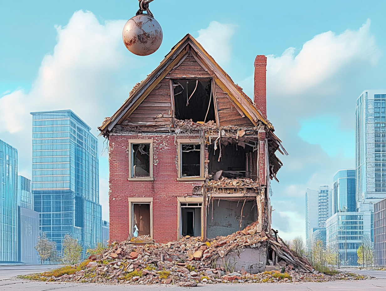 an old house about to be demolished in a city that has outgrown it